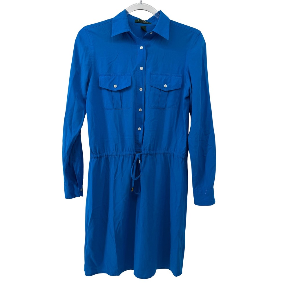 Lauren Ralph Lauren Petite Blue Viscose Button Front Drawstring Shirt‎ Dress 4P